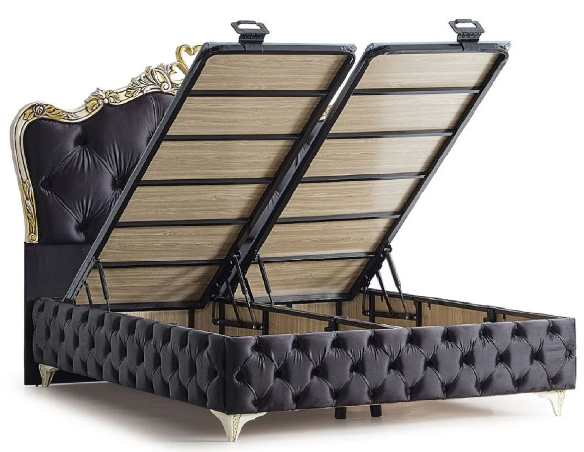 Luxury Baroque Bedroom Furniture Set Black / Cream / Gold - Various Sizes - 1 Baroque Double Bed with Mattress & 2 Baroque Nightstands - Baroque Bedroom & Hotel Furniture