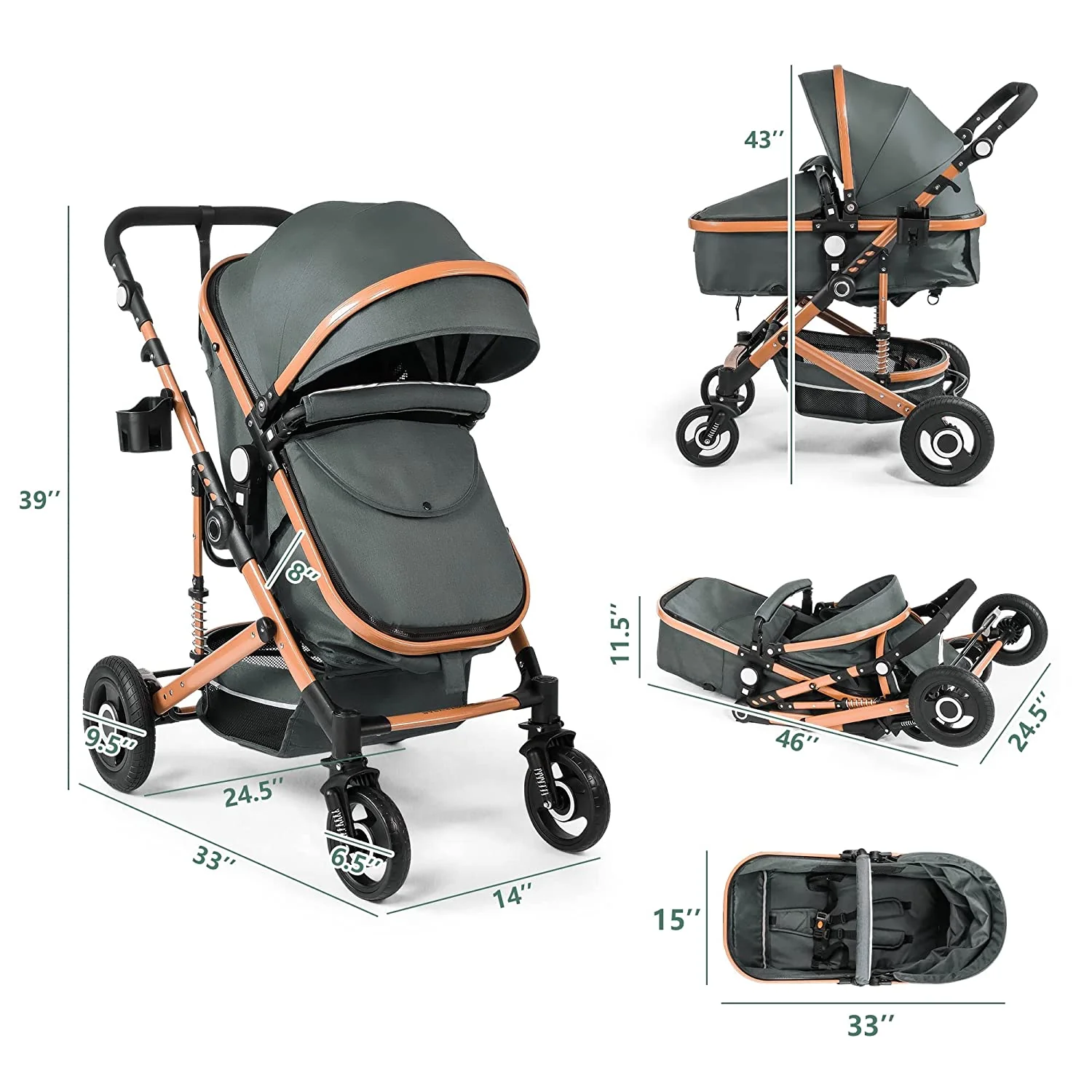 Kinderwagen, Hochformat-Kinderwagen, umkehrbarer Stubenwagen für Neugeborene, faltbarer Kinderwagen mit Fußabdeckung, Getränkehalter, Netz, Sicherheitshandschlaufe (Celadon)