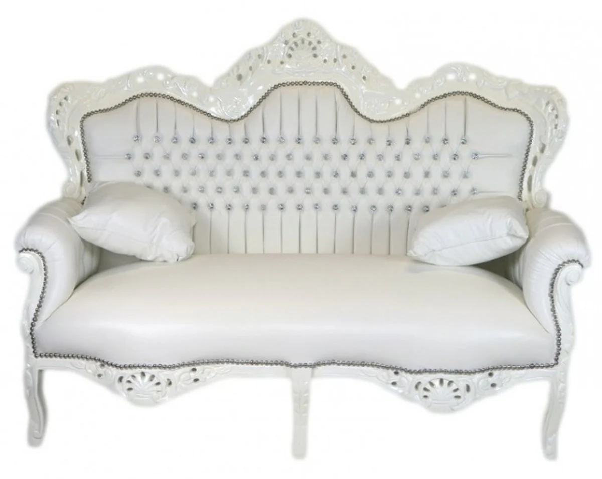 Baroque 2-seater sofa Master white leather look / white with bling bling glitter stones - living room couch furniture lounge