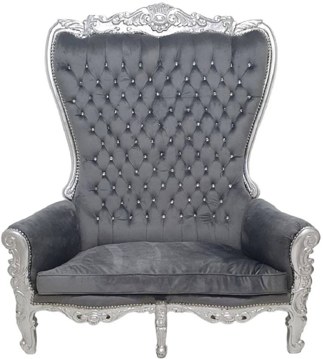 Baroque high-back 2-seater sofa gray / silver - magnificent baroque style sofa with glittering stones - living room furniture in baroque style - baroque furniture - noble & magnificent