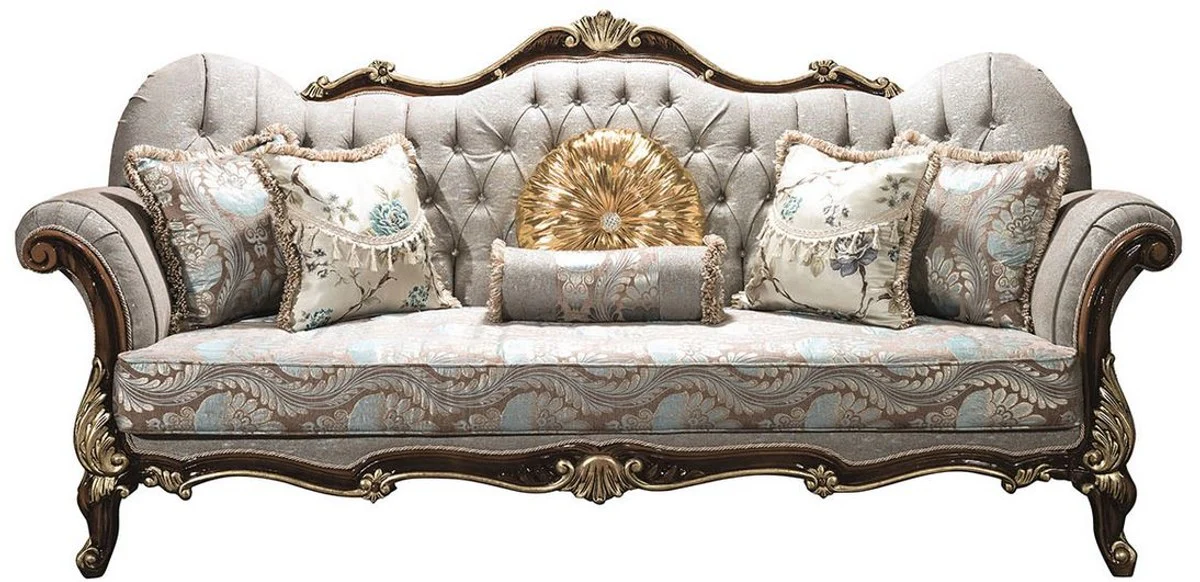 Luxury baroque living room sofa with rhinestones and decorative cushions silver gray / brown / gold 230 x 85 x H. 120 cm - Baroque furniture