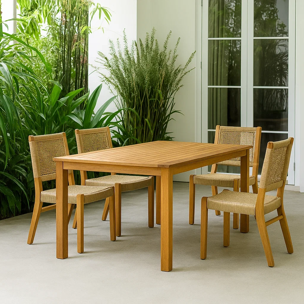 Essgruppe für die Terrasse, rechteckiger Tisch mit 4 Stühlen, natürliches Teakholz, geeignet für den Garten