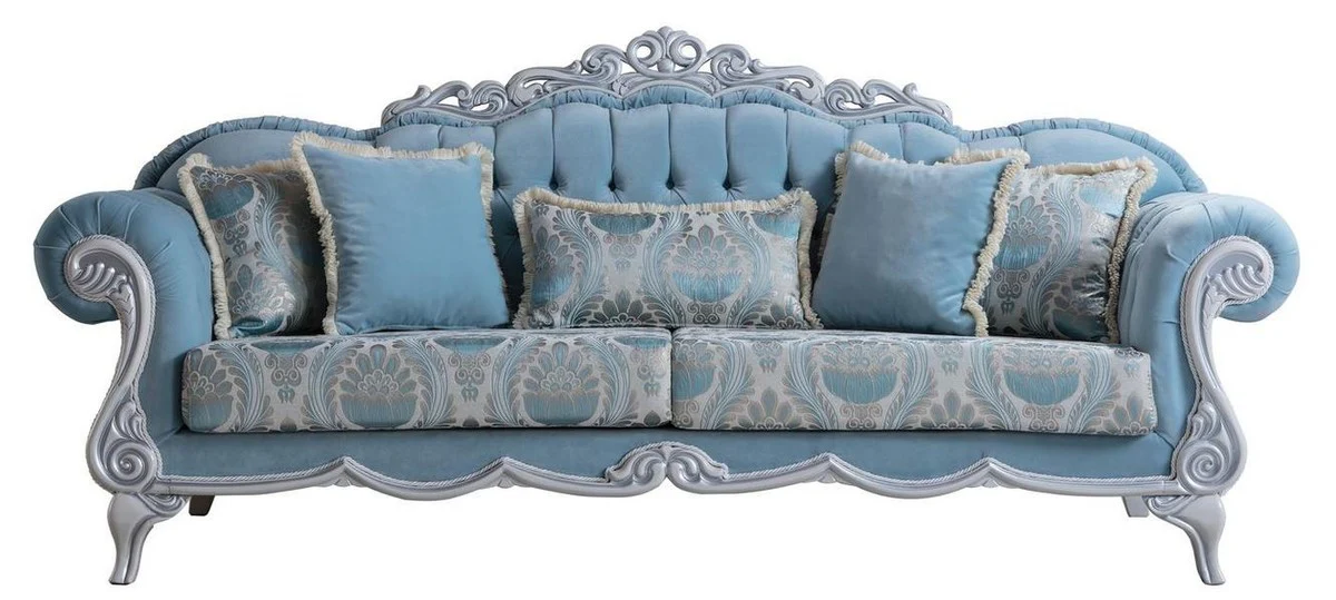 Luxury baroque living room sofa with decorative cushions light blue / gray 237 x 90 x H. 105 cm - Baroque furniture - noble & magnificent