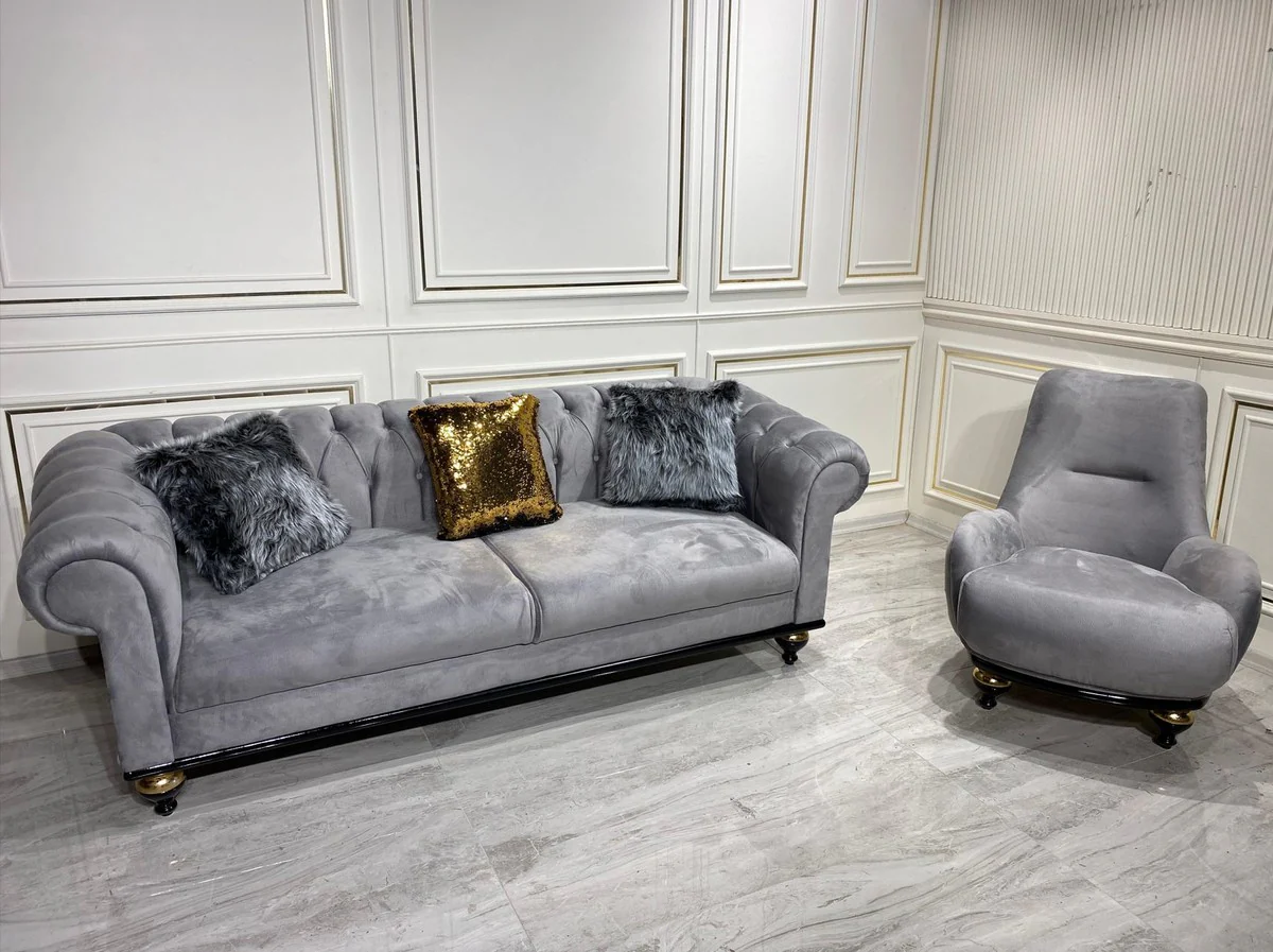 Luxus Barock Wohnzimmer Möbel Set Hellgrau - 1 Sofa & 2 Sessel