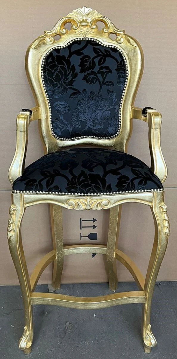 Luxury Baroque Bar Chair with Armrests Black Pattern / Gold - Baroque Style Bar Stool - Luxury Bar Furniture in Baroque Style - Luxury Quality - Made in Italy