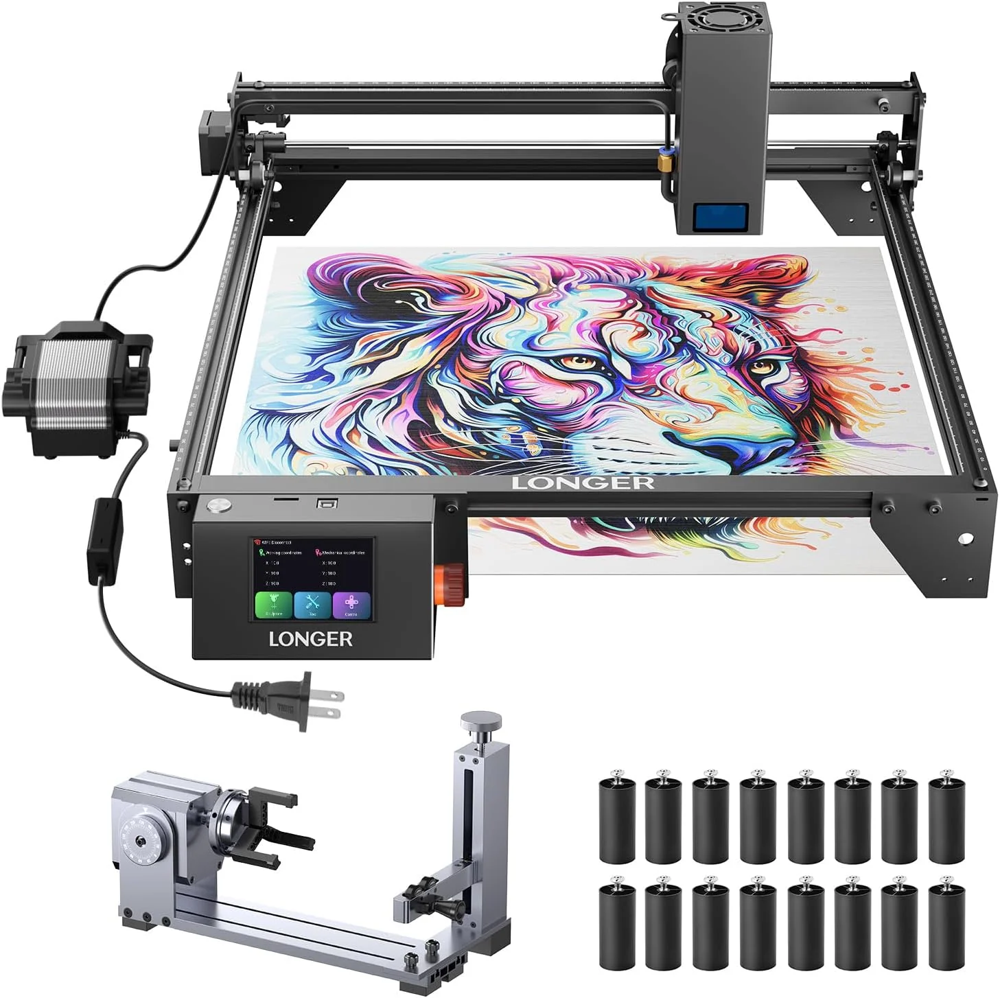 Longer RAY5 20W Laser Engraver with Air Assist Kit, 4-in-1 Rotary Roller, and 16pcs Raiser, High Precision Laser Cutter and Engraving for Wood, Metal, Acrylic, Cylinder Objects, Tumblers