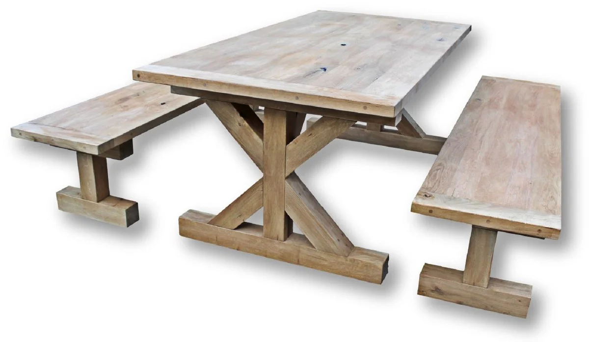 Solid wood dining room set natural colors - oak wood dining table with 2 benches - dining room furniture - restaurant furniture - rustic oak wood furniture