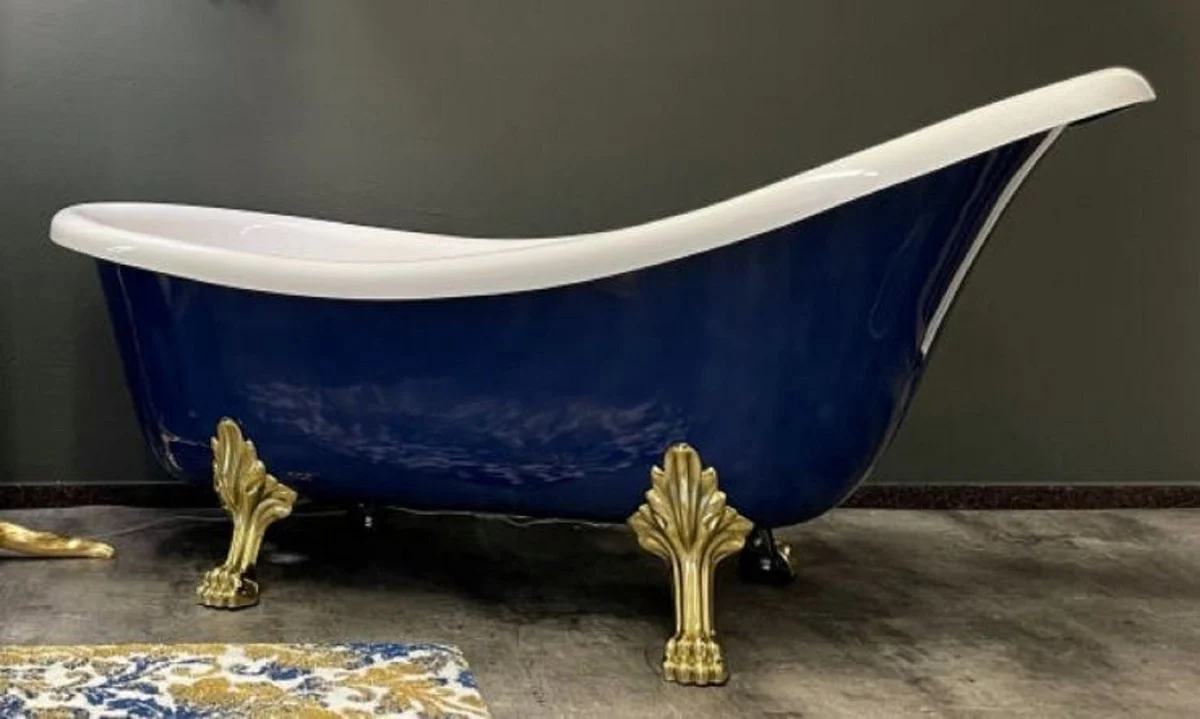 Luxury Art Nouveau bathtub sapphire blue / white / gold 174 x 83 x H. 81 cm - Freestanding retro bathtub with lion feet - Retro bathroom furniture