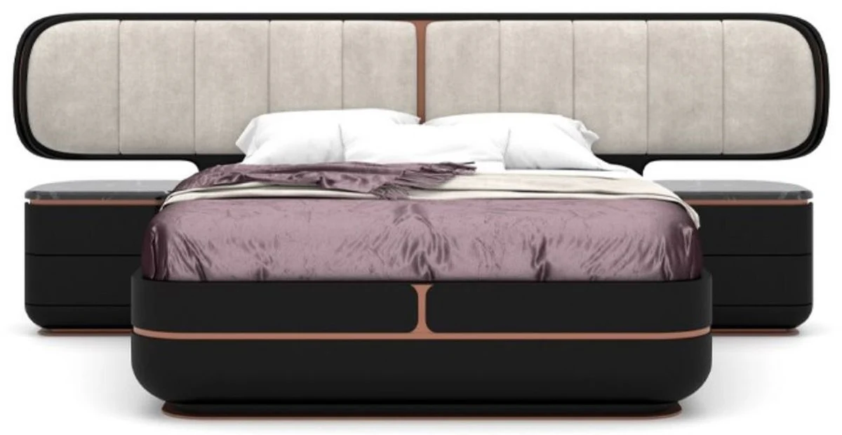 Luxury bedroom set gray / black / copper - 1 double bed with headboard & 2 nightstands - Luxury bedroom furniture - Luxury bedroom furnishings