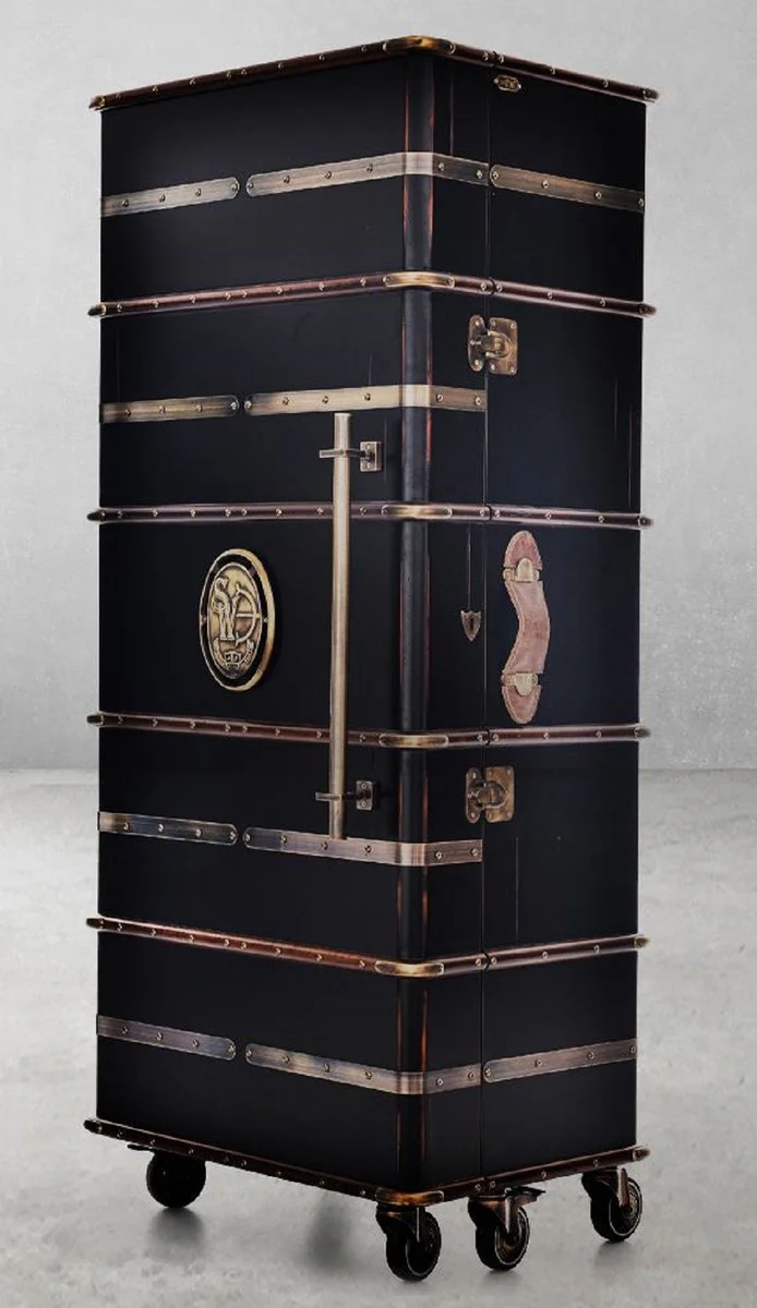 Luxury bar cabinet with wheels antique black 73.5 x 54 x H. 173.5 cm - suitcase cabinet in a retro look - retro style wine cabinet - bar furniture - luxury furniture
