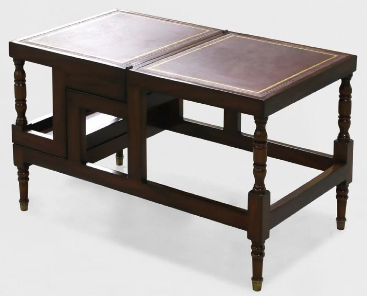 Luxury Art Nouveau coffee table dark brown / burgundy red / gold - fold-out solid wood library stairs with real leather - Art Nouveau living room furniture - noble & magnificent