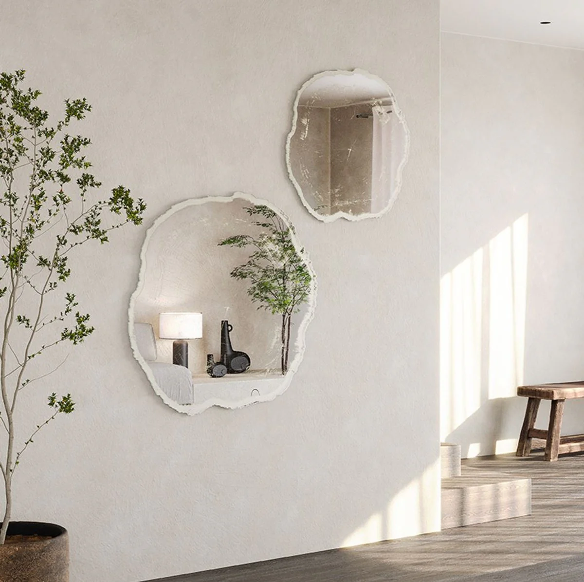 Luxury wall mirror in tree slice design white / beige 101 x 2.5 x H. 98 cm - living room mirror - bedroom mirror - cloakroom mirror - luxury furniture - luxury interior