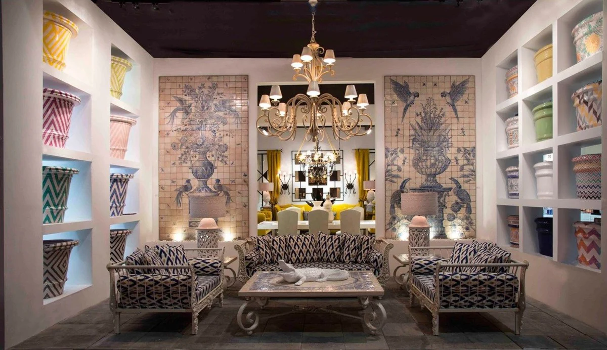 Luxury baroque sofa white / blue / gold 212 x 87 x H. 77 cm - hand-forged wrought iron sofa with cushions - living room sofa - garden sofa - terrace sofa - baroque furniture