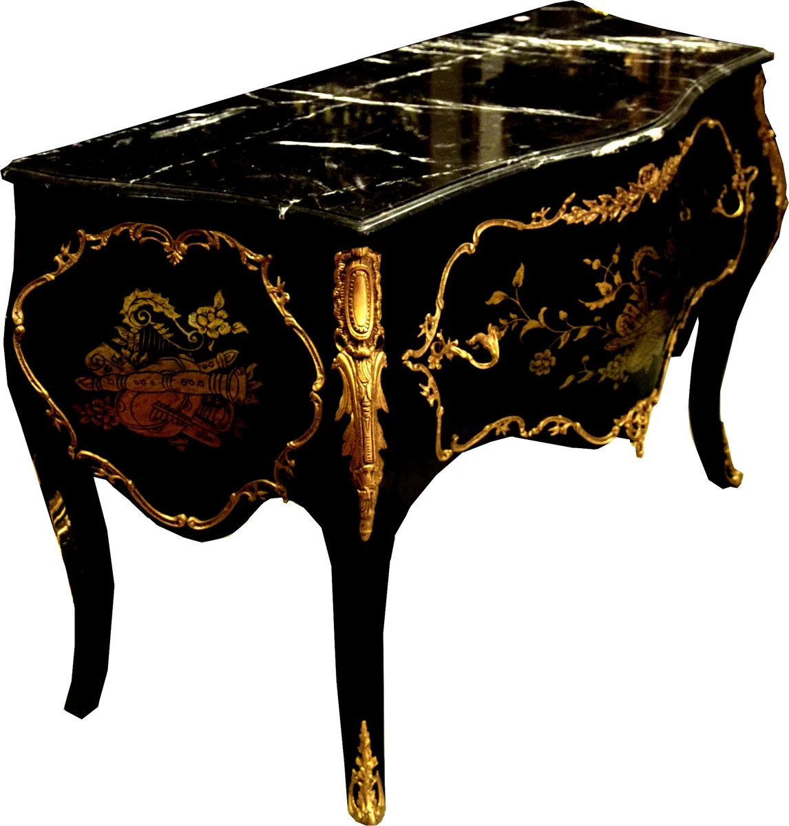 Baroque chest of drawers black / gold 130 cm with metal applications and marble top