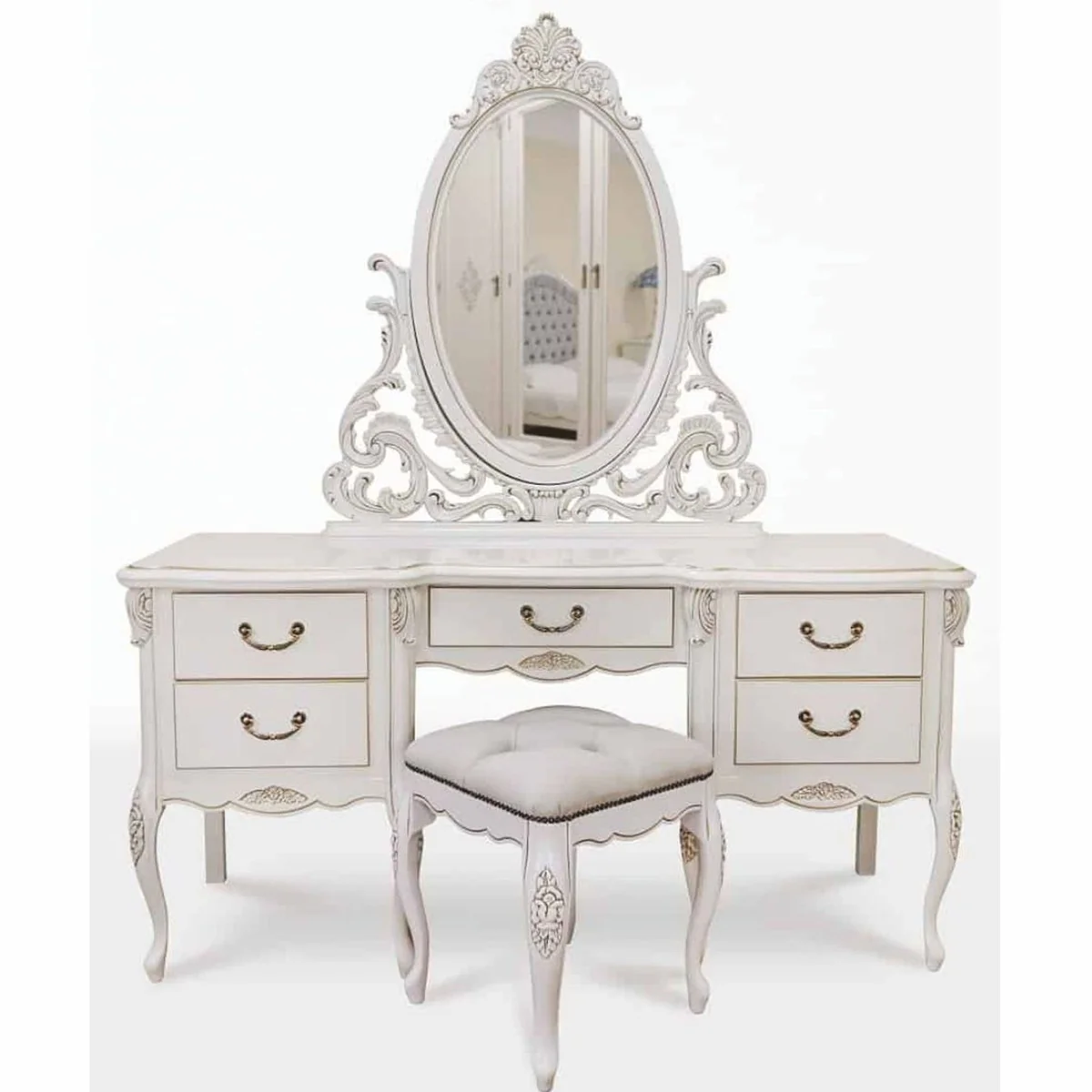 Luxus Barock Schminktisch Set Weiß / Hellgrau - Barock Schlafzimmer Möbel