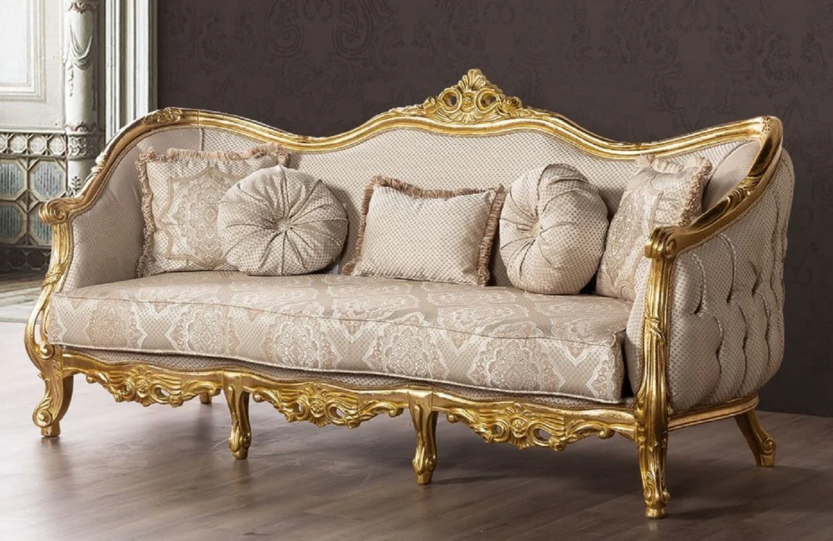 Luxury Baroque Sofa Beige / Gold - Magnificent Living Room Sofa with Pattern - Magnificent Baroque Living Room Furniture
