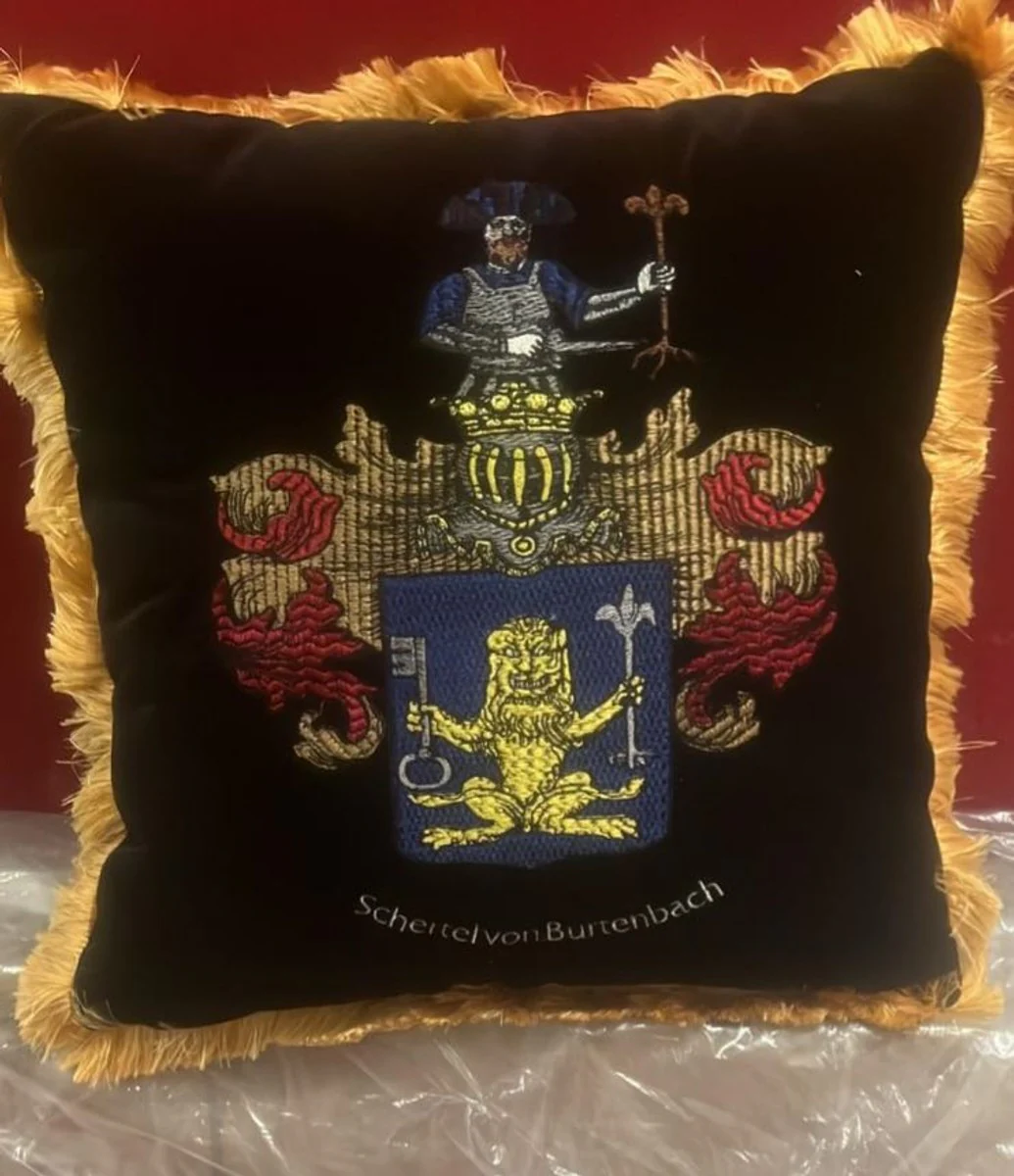 Luxus Deko Kissen Wappen Freiherr Schertel von Burtenbach Schwarz / Gold 50 cm
