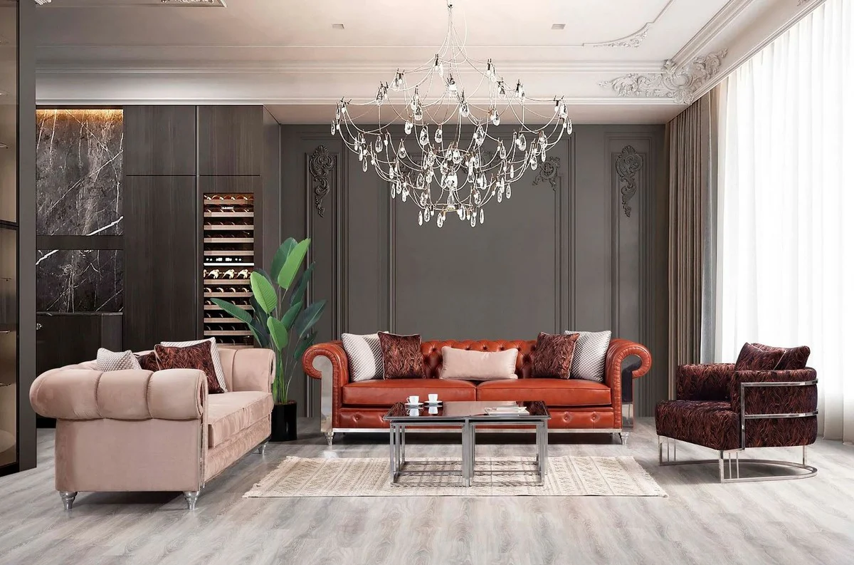 Luxury Chesterfield faux leather sofa brown / silver 270 x 100 x H. 70 cm - Living room sofa - Living room furniture - Chesterfield furniture - Luxury furniture - Luxury furnishings