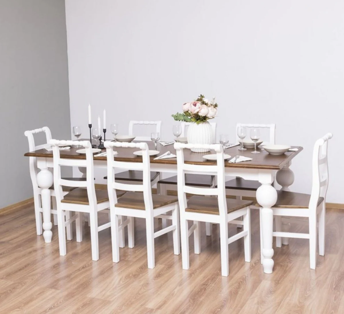 Country Style Dining Room Furniture Set Brown / White - 1 Dining Table & 8 Dining Room Chairs - Solid Wood Dining Room Furniture - Country Style Furniture
