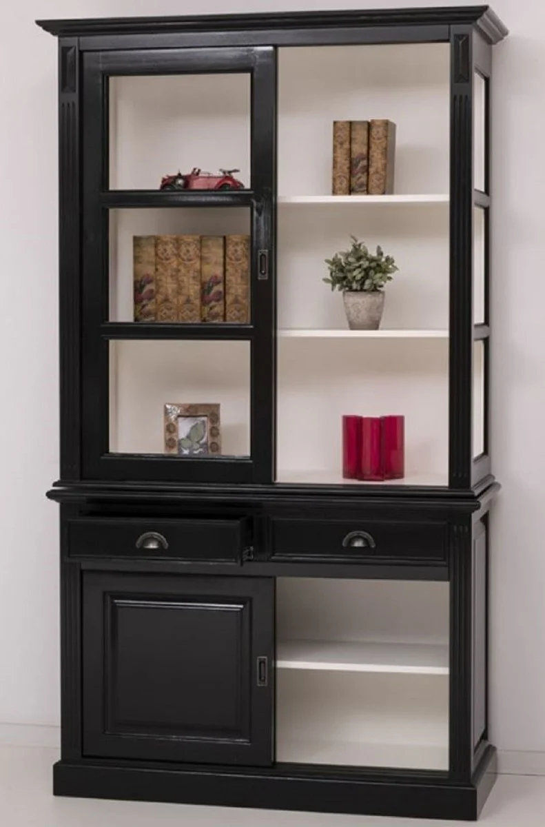Country house style cabinet black / white 128 x 51 x H. 220 cm - solid wood display cabinet with 4 sliding doors and 2 drawers - country house style solid wood furniture