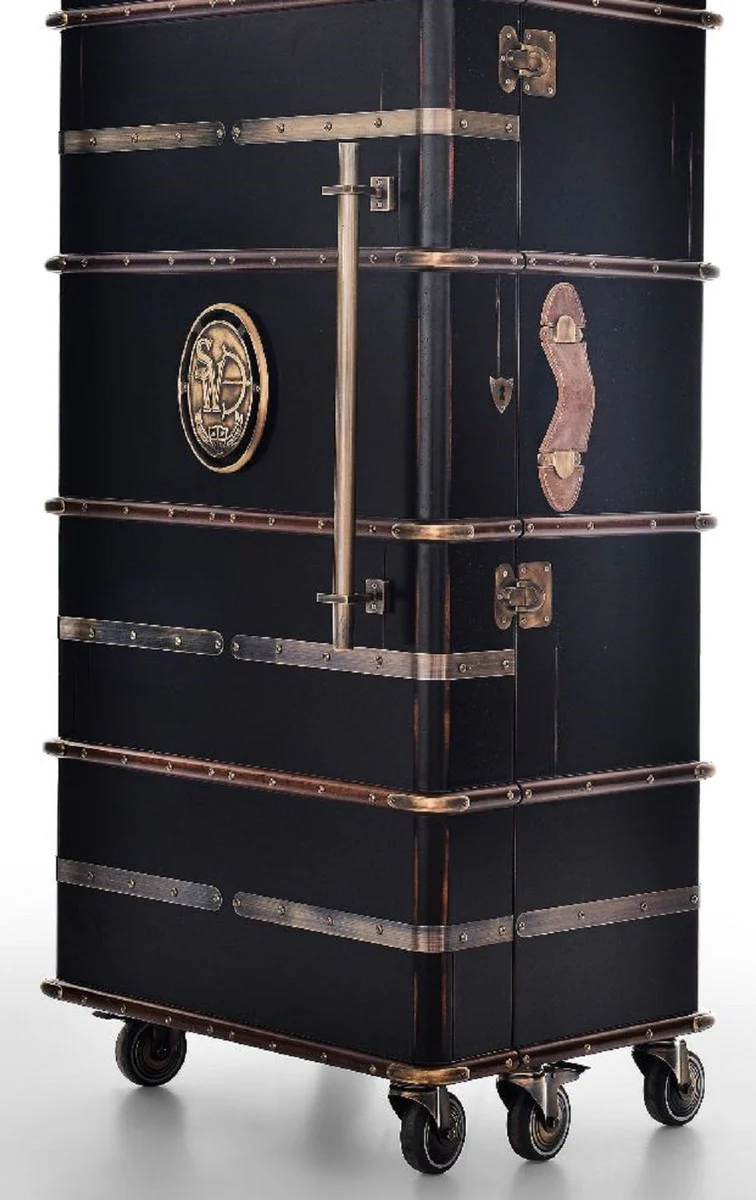 Luxury bar cabinet with wheels antique black 73.5 x 54 x H. 173.5 cm - suitcase cabinet in a retro look - retro style wine cabinet - bar furniture - luxury furniture