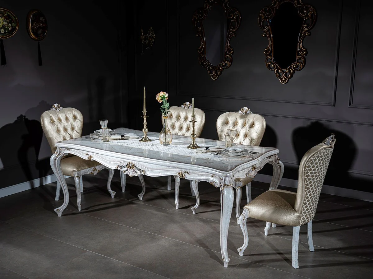 Luxury Baroque Dining Room Set Gold / Antique White - 1 Dining Table & 6 Dining Chairs - Dining Room Furniture in Baroque Style - Noble & Magnificent