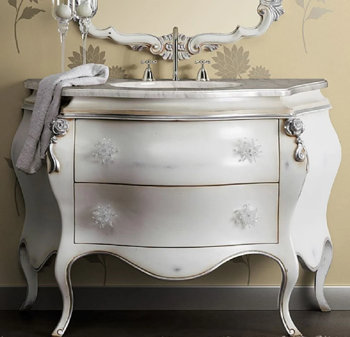 Luxury Baroque washbasin white / silver - Magnificent washbasin chest of drawers with 2 drawers - Luxury bathroom furniture in Baroque style - Baroque furniture - Luxury quality - Made in Italy