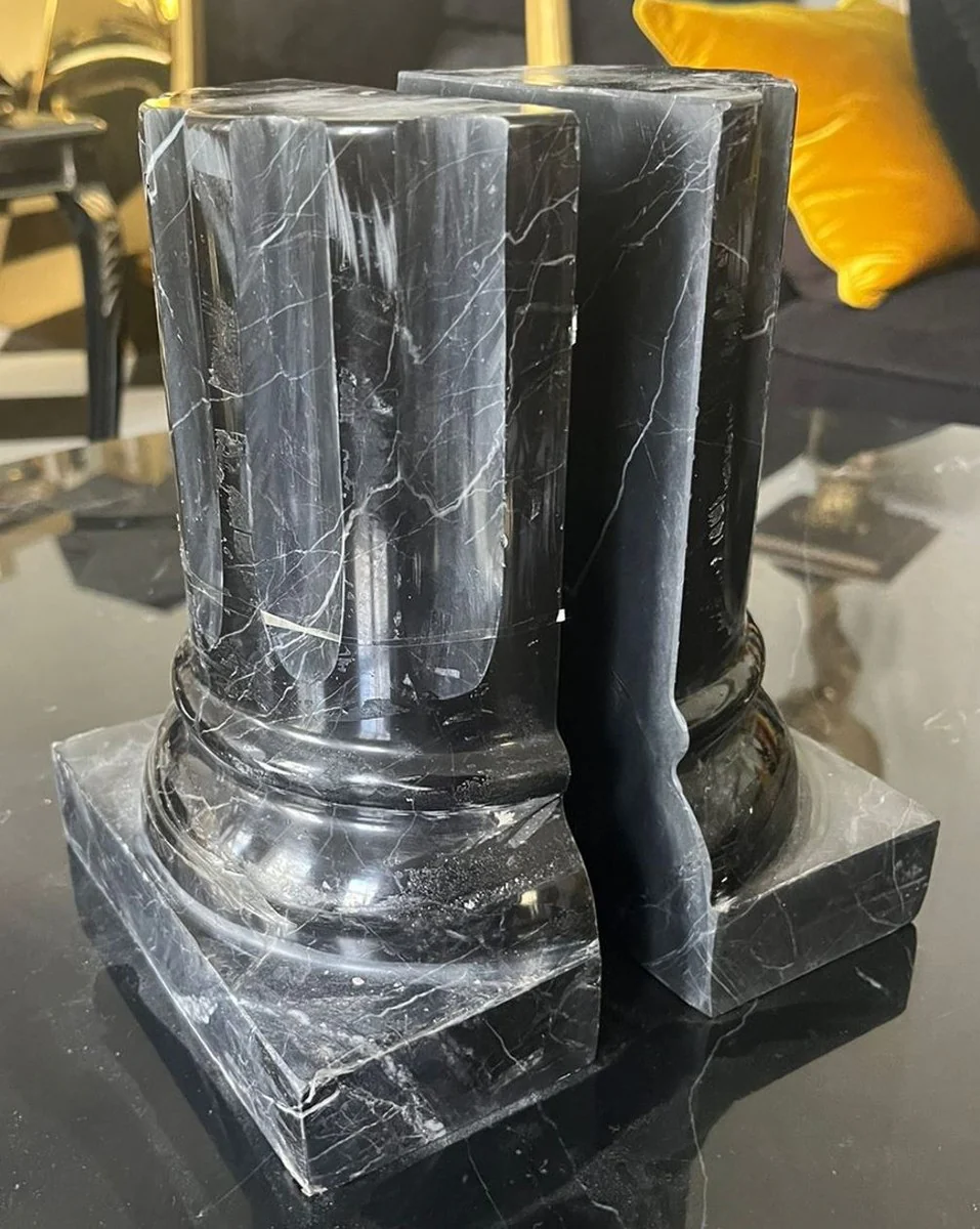 Luxus Marmor Buchstützen Set Barock Säulen Schwarz H. 21 cm