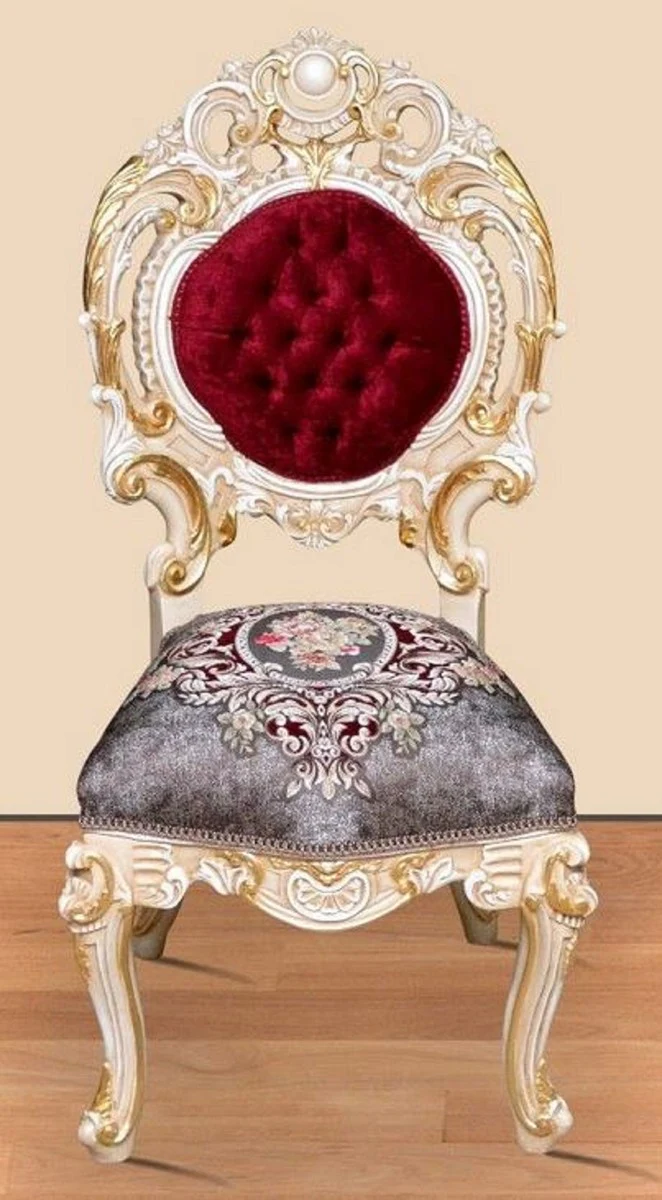 Baroque dining room set Bordeaux red / gray / white / gold - 1 round dining table & 4 dining chairs - Magnificent dining room furniture in the baroque style