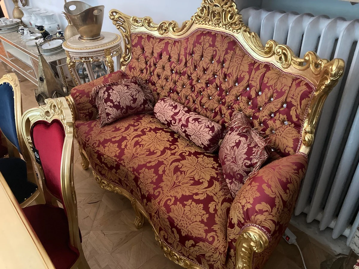 Baroque 2 seater sofa Bordeaux pattern / gold with bling bling rhinestones and cushions - antique style living room furniture