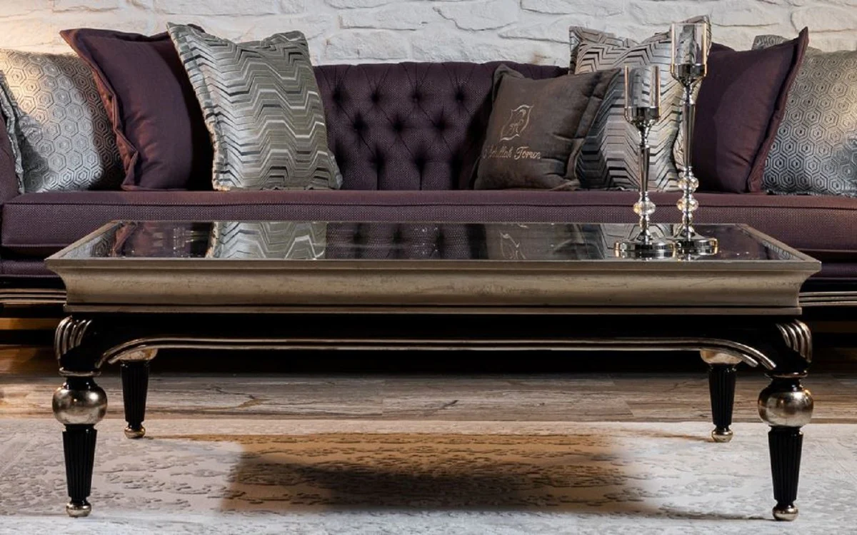Luxury Baroque Coffee Table Silver / Black - Handmade Solid Wood Living Room Table with Glass Top - Baroque Living Room Furniture