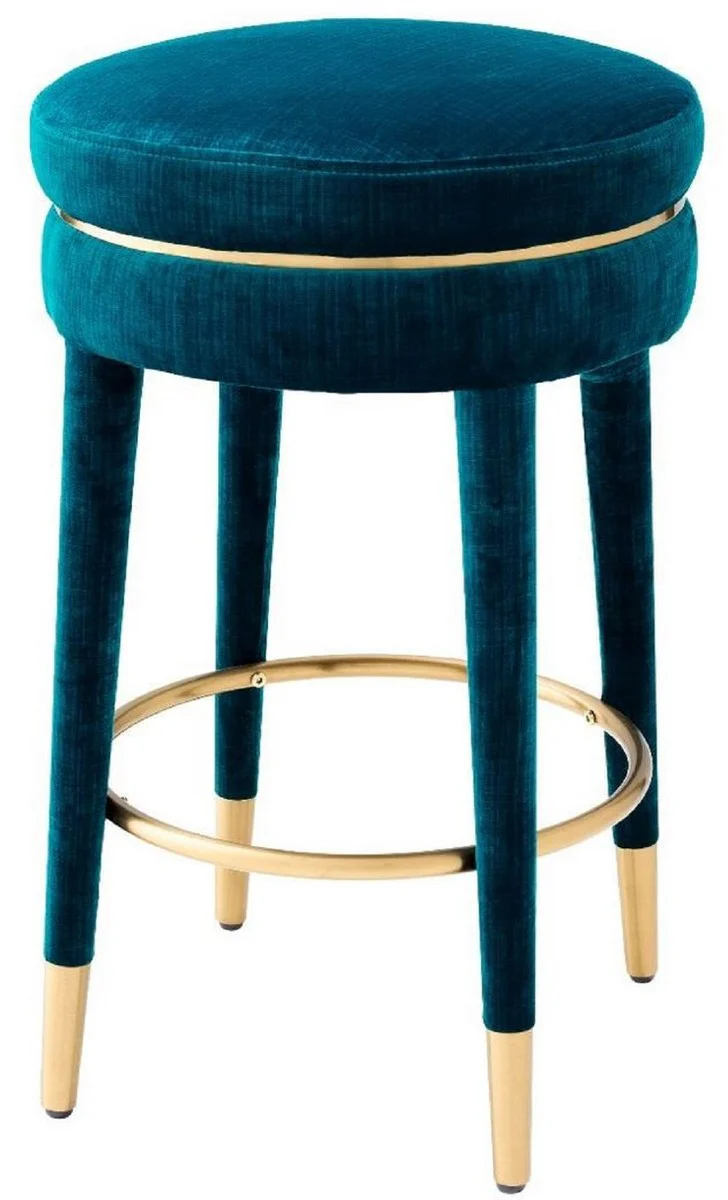 Luxury bar stool blue / brass Ø 41 x H. 68 cm - Round velvet stool - Luxury furniture
