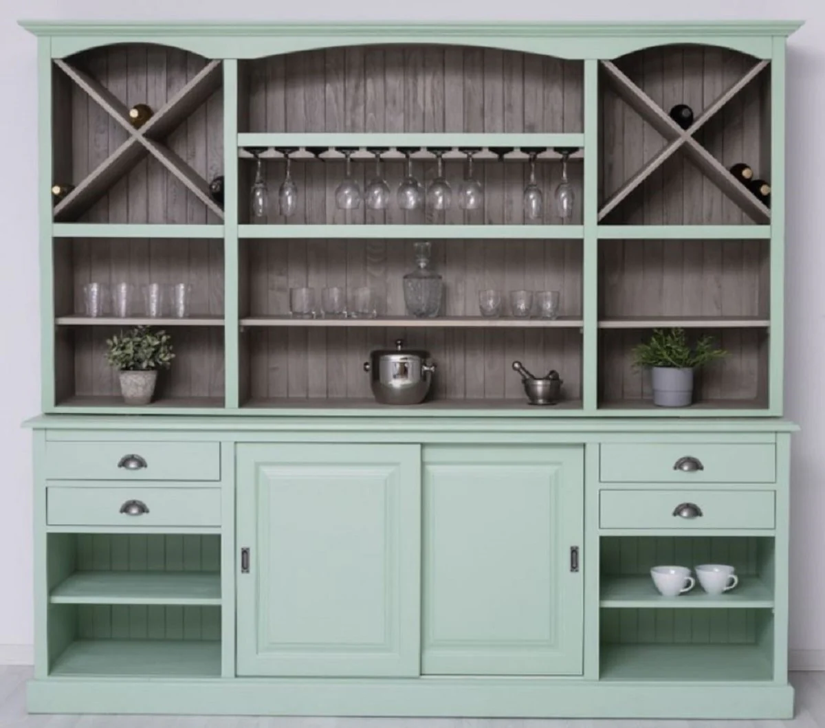 Country house style bar cabinet mint green / gray 240 x 50 x H. 210 cm - Solid wood wine cabinet in country house style - Country house style furniture - Bar furniture in country house style - Country house style furnishings