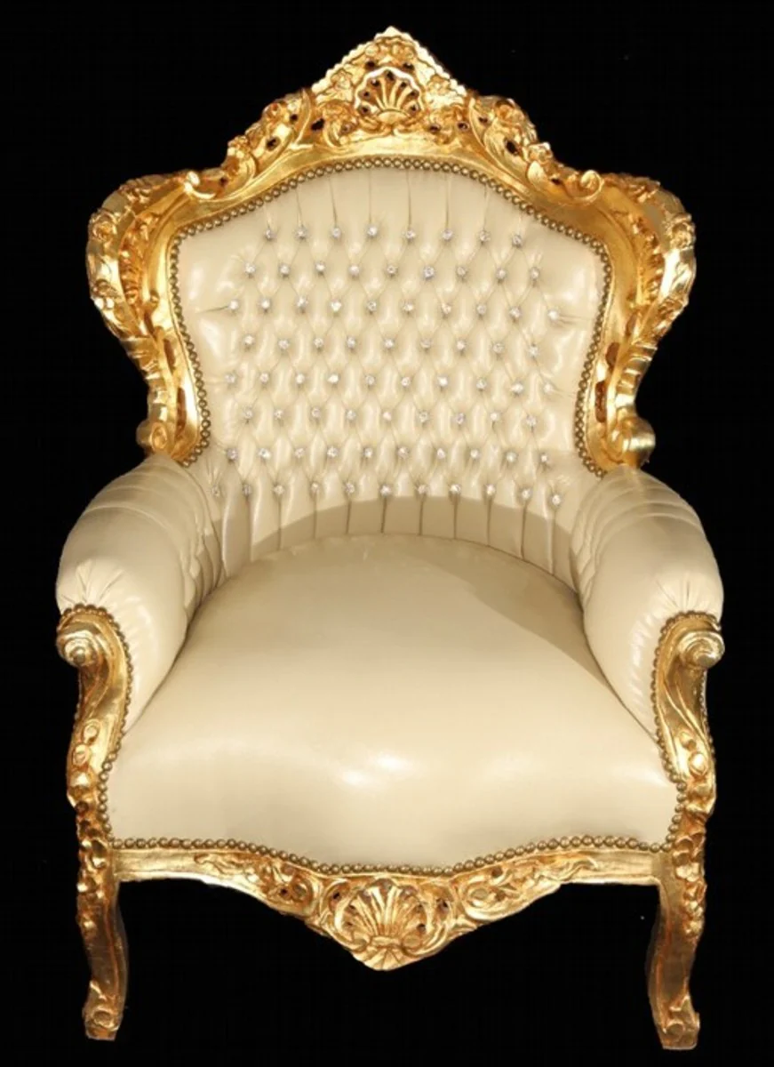 Barock Sessel King Creme/Gold Lederoptik Bling Bling