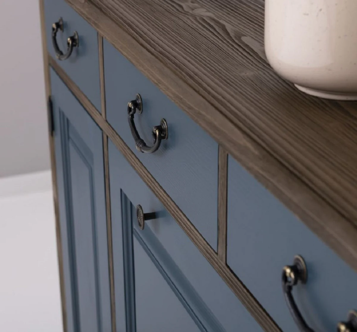 Country house style chest of drawers blue / black 176 x 35 x H. 105 cm - Solid wood cabinet with 6 drawers and 2 doors - Country house style furniture - Country house style furniture - Country house style furnishings