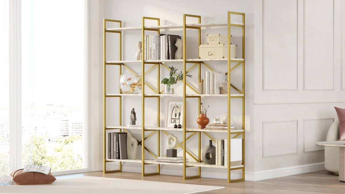 Luxury shelf cabinet with marble shelves gold / white 170 x 30 x H. 175 cm - bookcase - living room cabinet - office cabinet - living room furniture - office furniture - luxury furniture