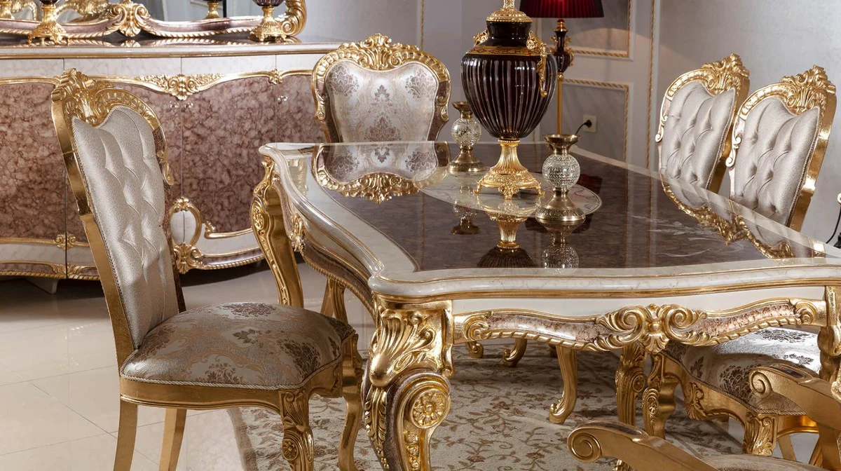 Luxury Baroque Dining Room Set White / Silver / Brown / Gold - 1 Baroque Dining Table & 6 Baroque Dining Chairs - Baroque Dining Room Furniture - Noble & Magnificent