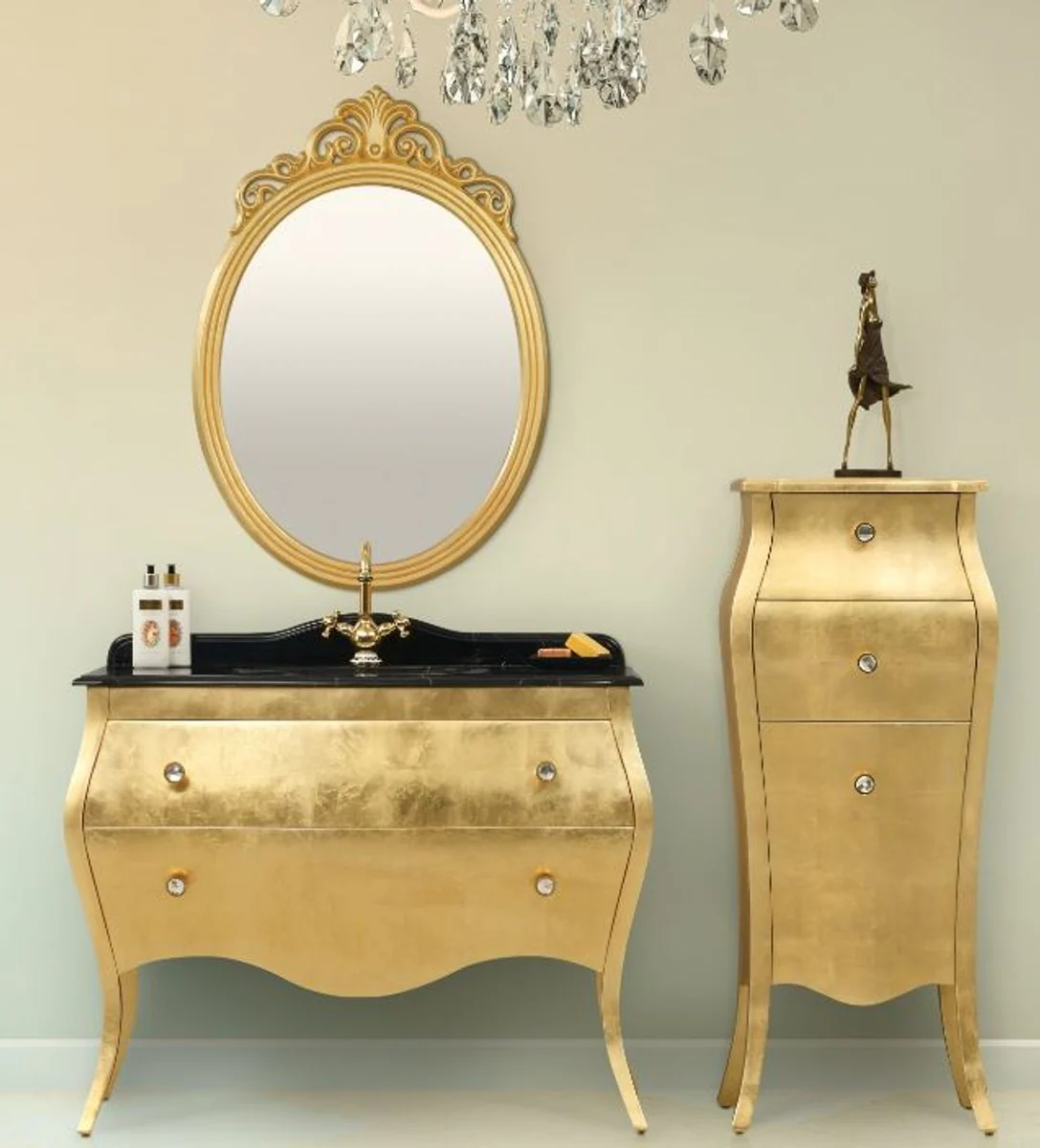 Luxury baroque bathroom set black / gold - 1 washbasin & 1 washbasin & 1 wall mirror & 1 chest of drawers - noble & magnificent - luxury quality