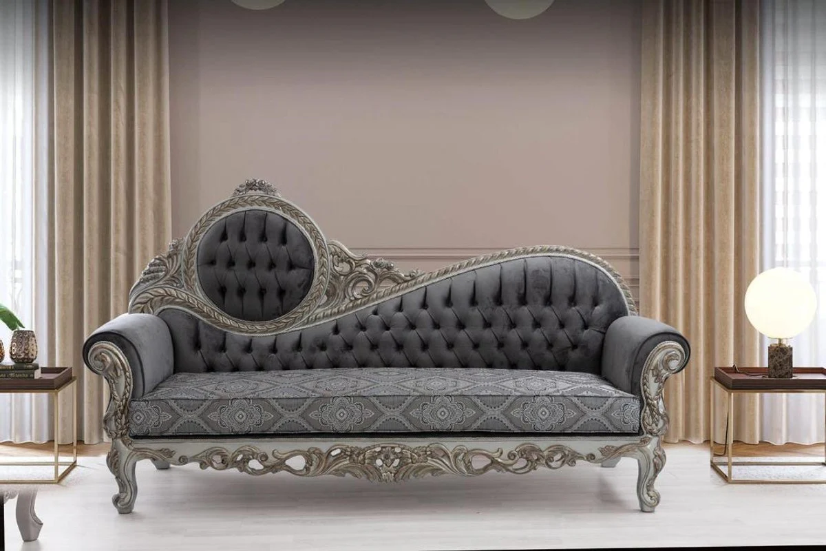 Luxury Baroque Sofa Gray / Blue / Silver / Bronze 230 x 90 x H. 135 cm - Magnificent solid wood living room sofa with elegant pattern and decorative pillows - Baroque living room furniture