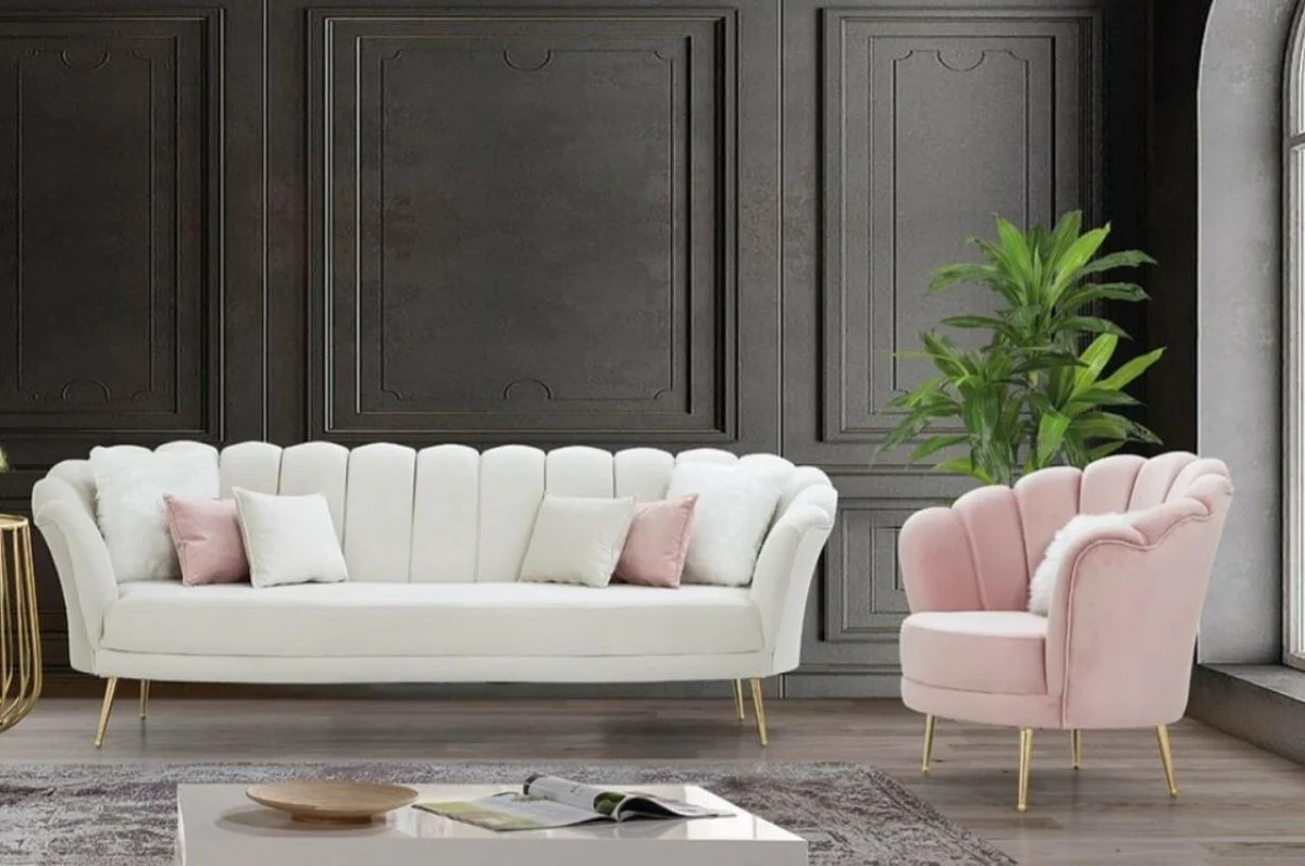 Designer Art Deco Wohnzimmer Set Creme / Rosa / Gold - 2 Sofas & 2 Sessel - Wohnzimmer Möbel - Art Deco Möbel