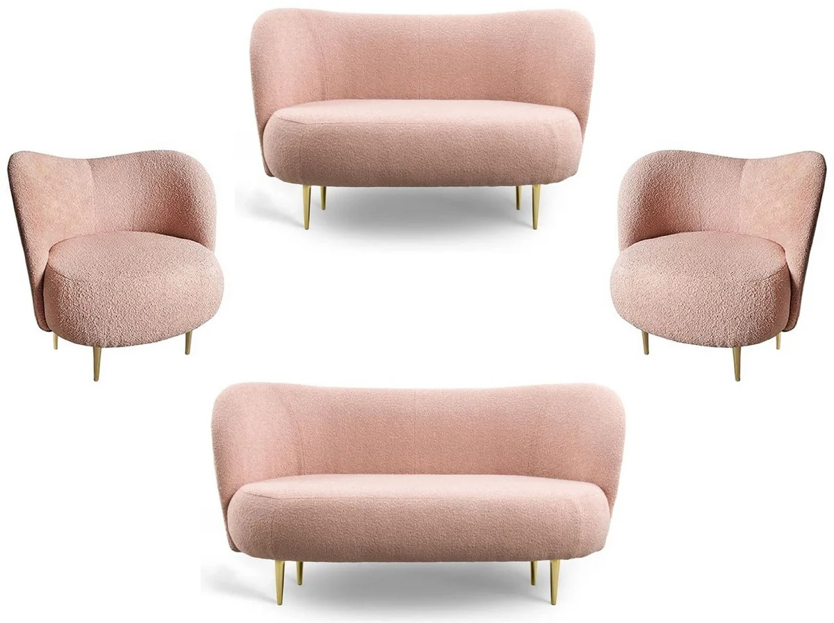 Luxus Wohnzimmer Set Rosa / Gold - 2 Luxus Sofas mit gebogener Rückenlehne & 2 Luxus Sessel mit gebogener Rückenlehne - Luxus Möbel - Wohnzimmer Möbel - Luxus Einrichtung