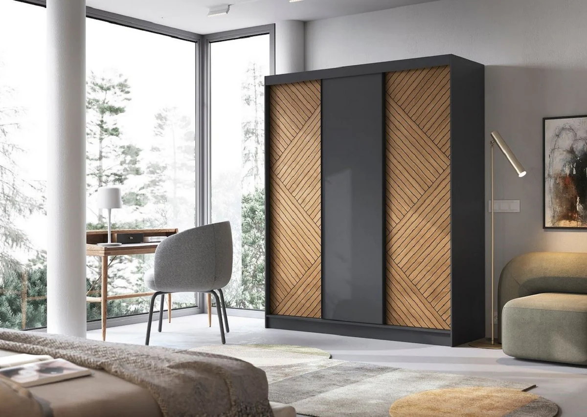 Luxury bedroom wardrobe black / brown 180 x 60 x H. 220 cm - Wardrobe with 3 sliding doors - Bedroom furniture - Hotel furniture - Luxury furniture