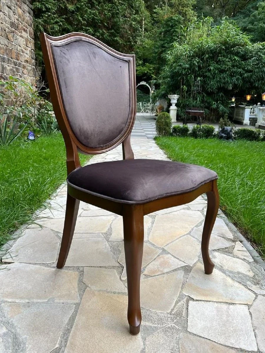 Luxus Art Deco Samt Esszimmer Stuhl Grau / Braun - Art Deco Massivholz Stuhl - Art Deco Esszimmer Möbel - Art Deco Möbel - Art Deco Einrichtung - Luxus Möbel im Art Deco Stil