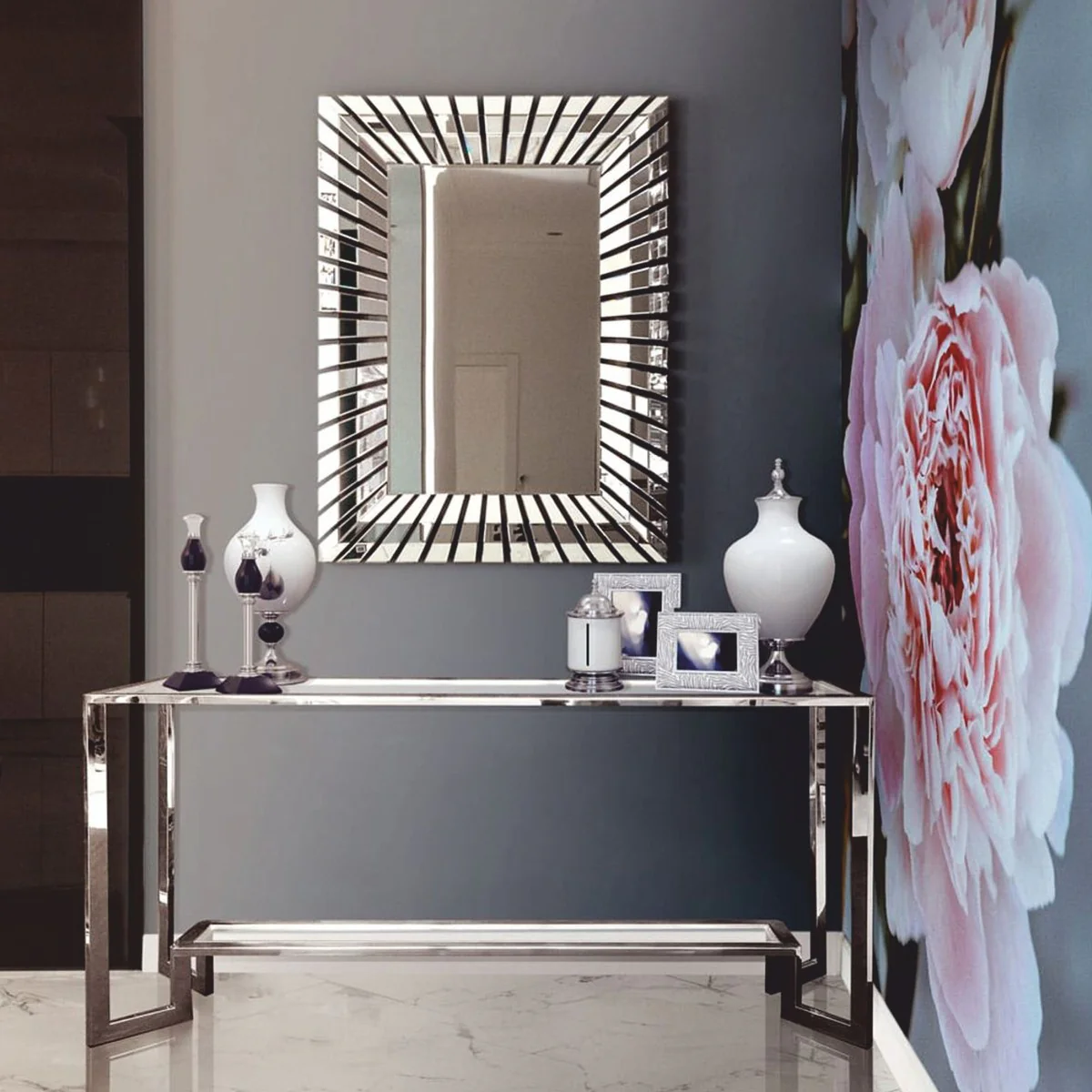 Luxus Edelstahl Konsole mit Glasplatten Silber 160 cm - Luxus Möbel