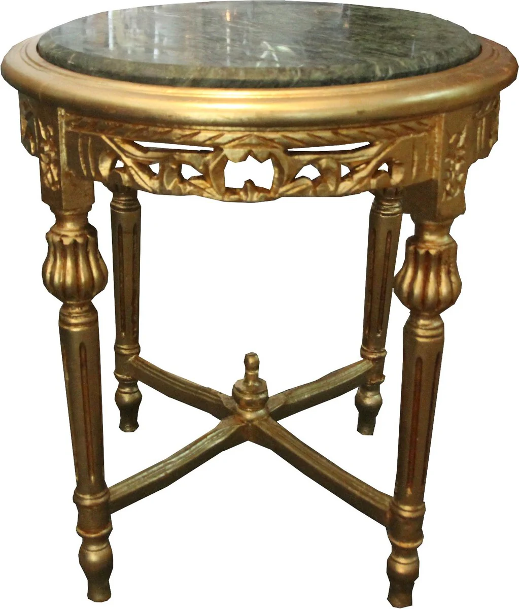 Baroque side table round table with marble top gold / green - antique style table furniture H 53 cm W 45 cm