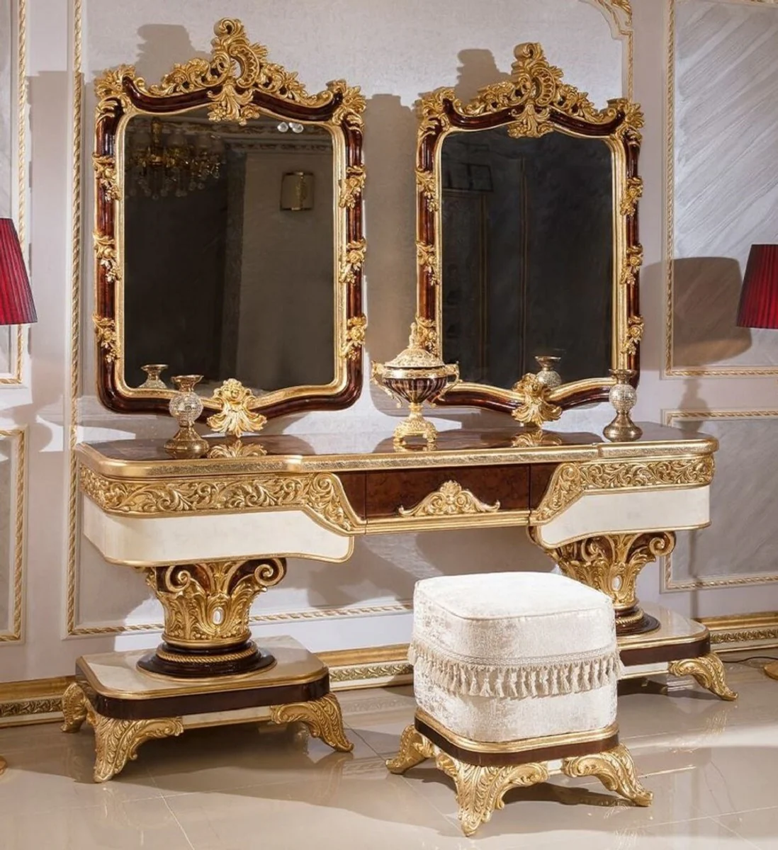 Luxury Baroque Bedroom Set Brown / White / Gold - 1 Baroque Dressing Table & 2 Baroque Mirrors & 1 Baroque Stool - Baroque Bedroom Furniture - Noble & Magnificent