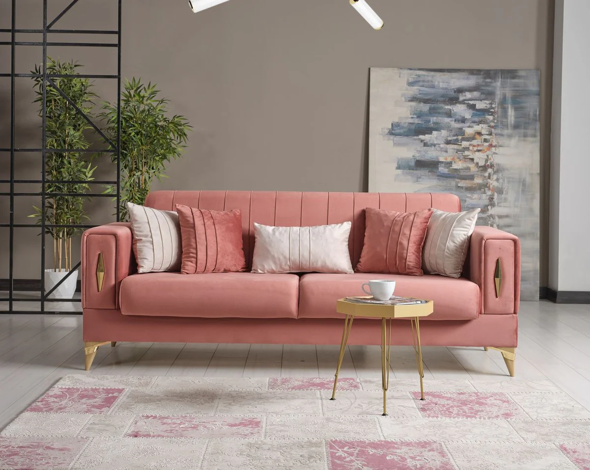 Luxury sofa bed pink / gold 222 x 93 x H. 87 cm - Living room sofa with 5 cushions - Luxury living room furniture
