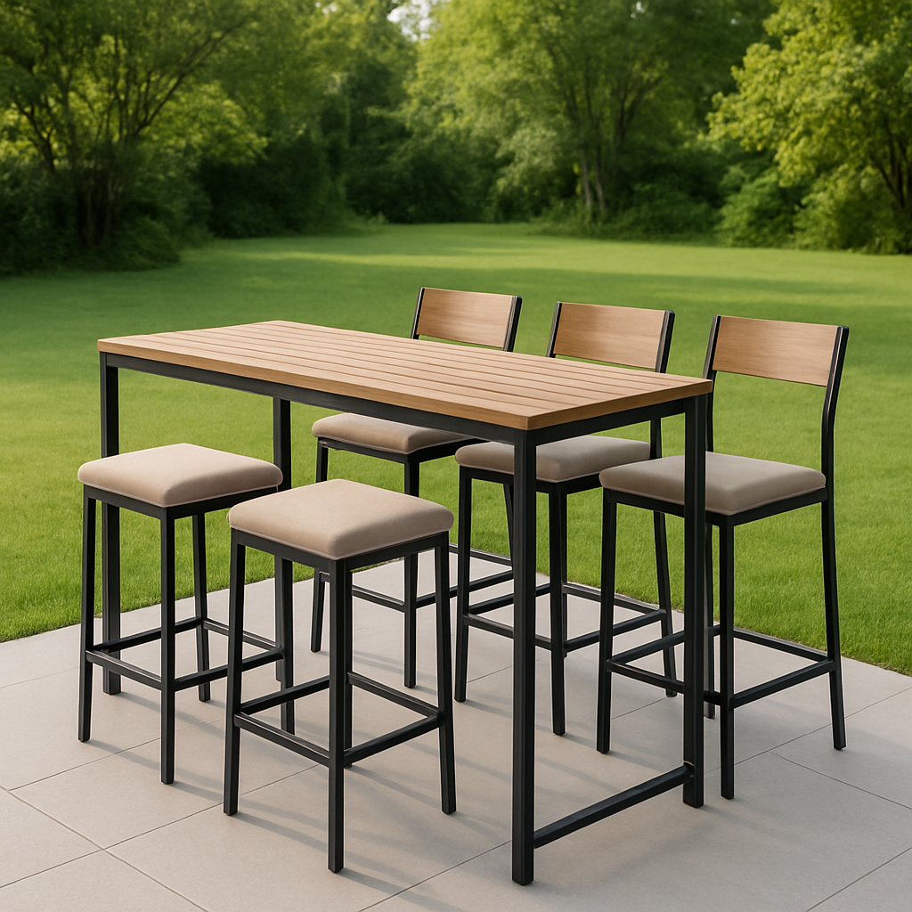 Gartenbar-Stehtisch mit Hockern, beige und schwarz, Metall und Holz, für den Außenbereich, 180 × 70 × 105 cm