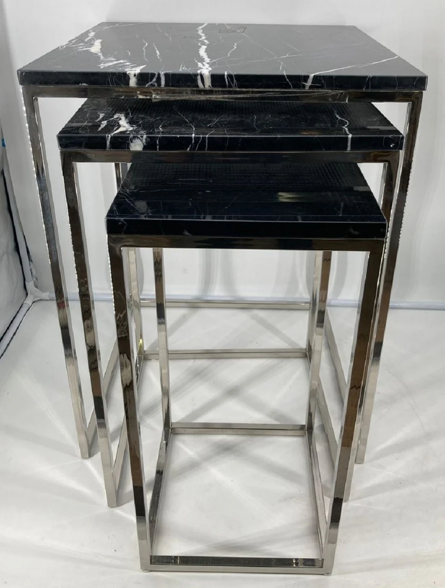 Luxury side table set of 3 silver / black - stainless steel tables with marble top - living room furniture - luxury collection