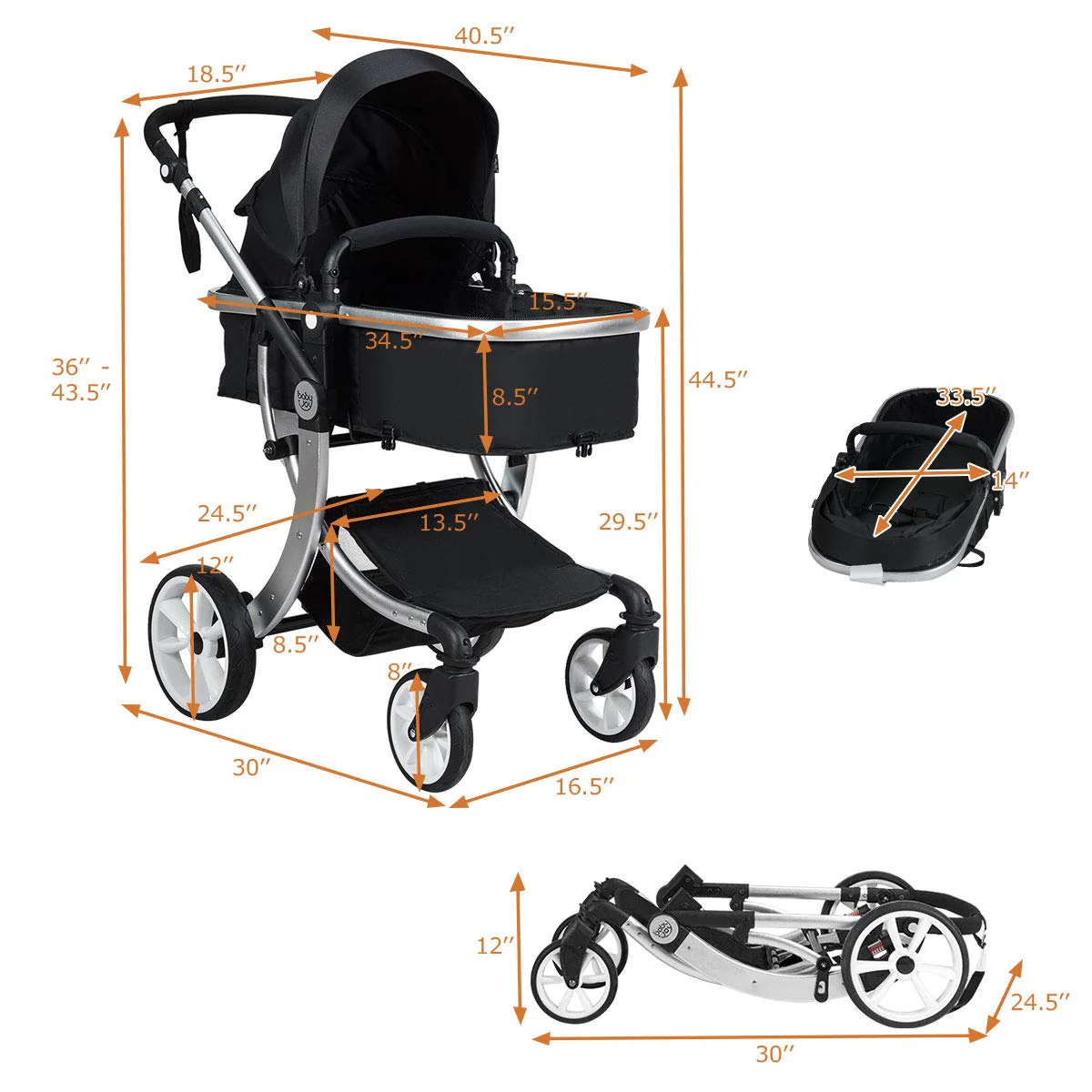 Kinderwagen, umwandelbarer Hochformat-Kinderwagen mit Stubenwagen, verstellbares Verdeck und Rückenlehne, Aufbewahrungskorb, Fußabdeckung, faltbarer Kinderwagen für Neugeborene (grau)